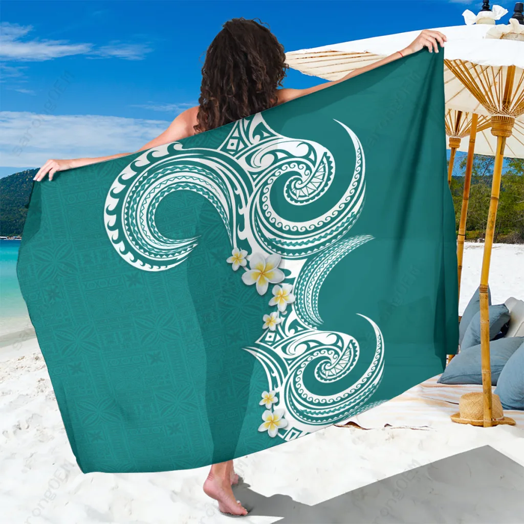 Teal Plumeria Polynesian Print Sarong Tropical Beach Cover Up Wholesale Pareo - main view