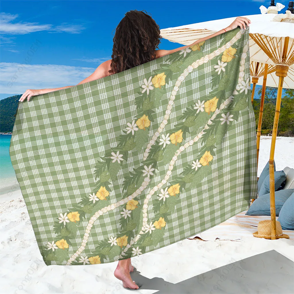 Green Hawaiian Puakenikeni Anthurium Pikake Lei Palaka Print Sarong Tropical Beach Wrap Pareo Wholesale - main view