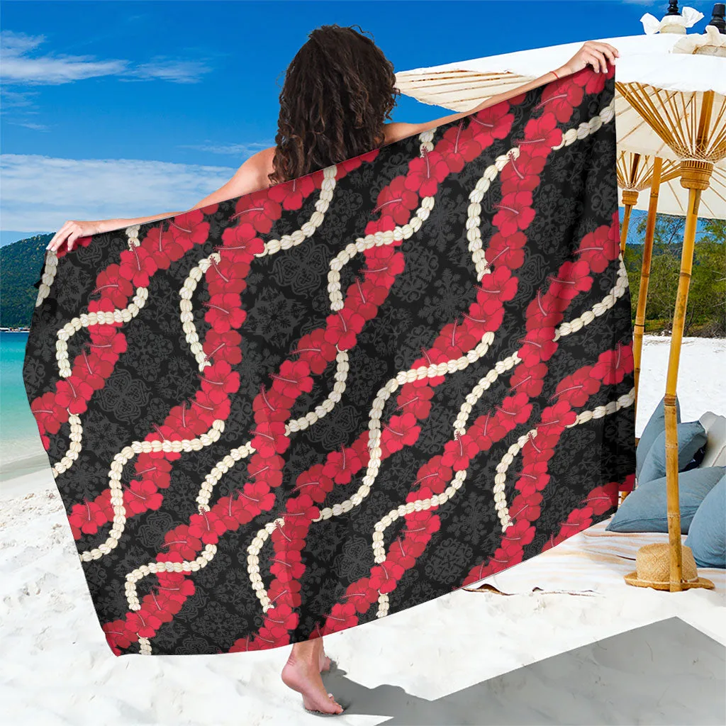 Red Hibiscus Plumeria Lei Print Sarong Hawaiian Tropical Beach Wrap Skirt Cover Up Wholesale Pareo - main view