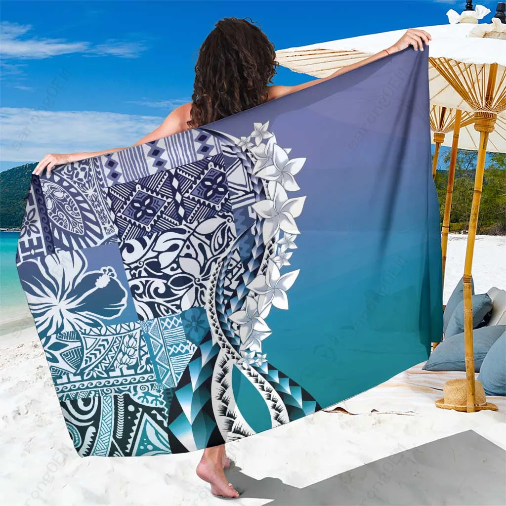 Blue Plumeria Hibiscus Tapa Print Sarong Hawaiian Tropical Beach Wrap Wholesale Pareo - main view