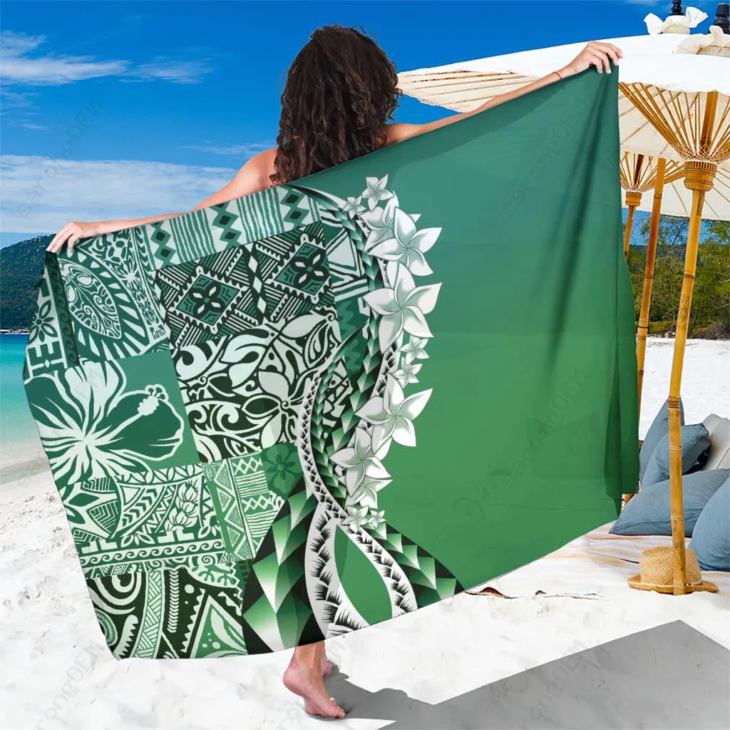Green Vintage Plumeria Hawaiian Tapa Print Sarong Tropical Beach Wrap Wholesale Pareo - main view