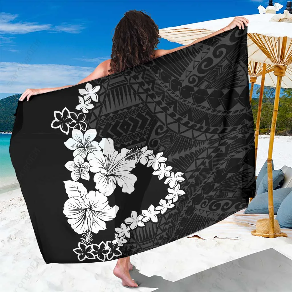 Black Plumeria Sun Samoan Print Sarong Beach Wrap Polynesian Island Cover Up Wholesale Pareo - main view
