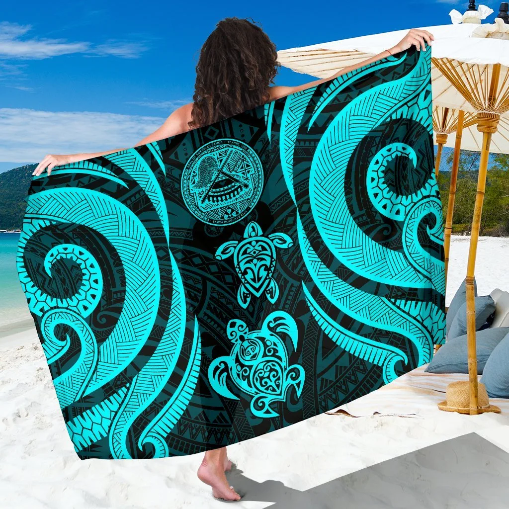 Turquoise Blue Turtle Hibiscus Palm Print Sarong Samoan Tropical Beach Wrap Wholesale Pareo - main view