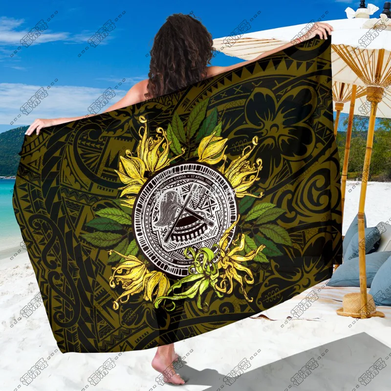 American Samoa Seal with Ylang Ylang Floral Tribal Sarong Beachwear Custom Printed Rayon Sarong - Custom Sarong