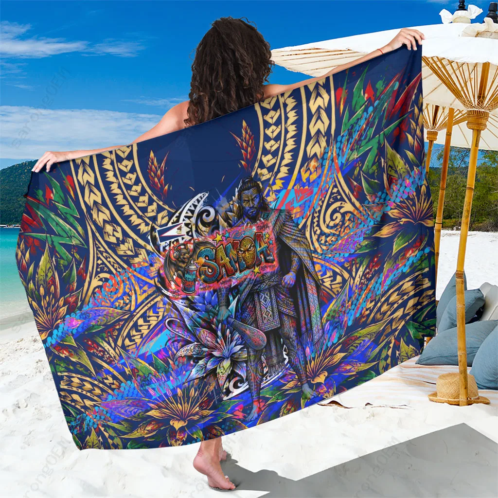 Navy American Samoa Warrior Bat Talofa Urban Graffiti Print Sarong Polynesian Beach Wrap Wholesale Pareo