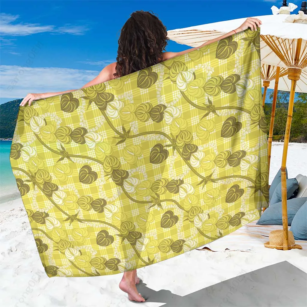 Yellow Anthurium Pikake Ti Leaf Palaka Print Sarong Polynesian Tropical Beach Wrap Wholesale Pareo - main view