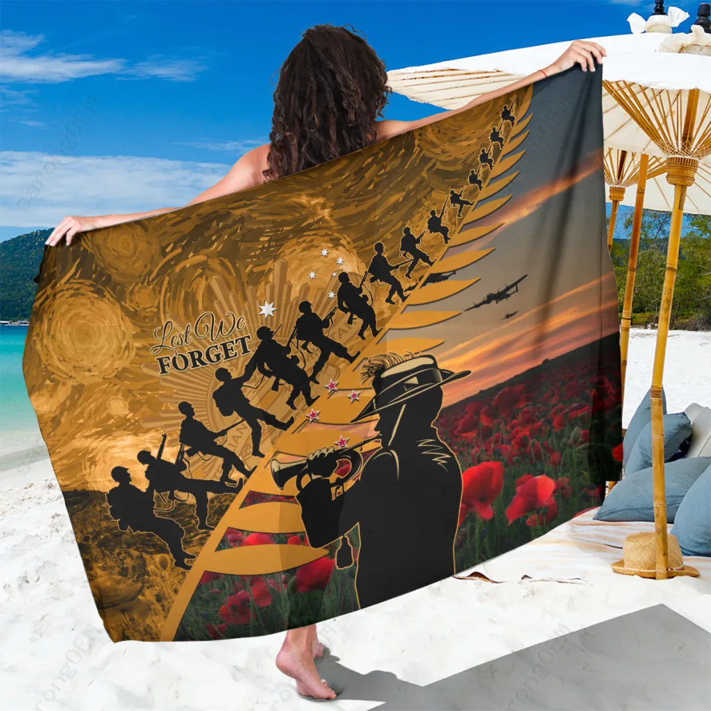 Silver Fern Trumpet Soldier Print Sarong Anzac Day 2024 Beach Wrap Rayon Custom OEM - main view