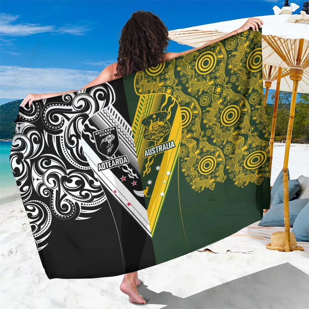 Black Maori Aboriginal Rugby Sarong Tropical Tribal Print Beach Wrap Cover Up Polynesian Style Pareo Wholesale - main view