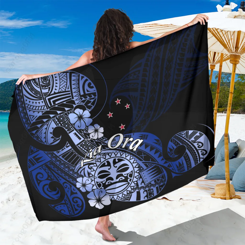 Blue Ta Moko Maori Tattoo Print Sarong Polynesian Beach Wrap Wholesale Pareo Cover Up - main view