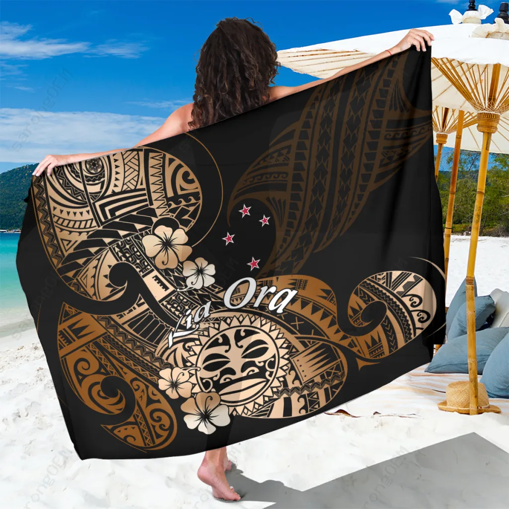 Gold Ta Moko Maori Tribal Print Sarong Polynesian Beach Wrap Pareo Resort Cover Up Wholesale - main view