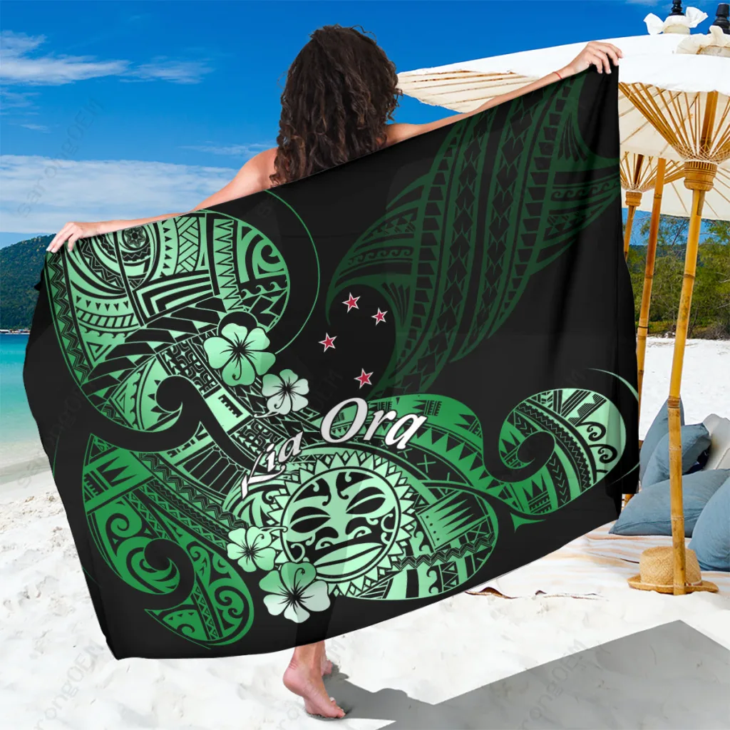 Green Ta Moko Tribal Print Sarong Beach Wrap Polynesian Style Island Resort Cover Up Wholesale Pareo - main view