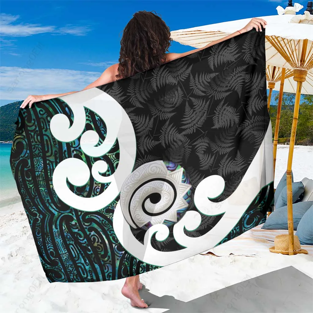 Silver Cyan Maori Paua Shell Silver Fern Koru Print Sarong Polynesian Beach Wrap Cover Up Wholesale Pareo - main view