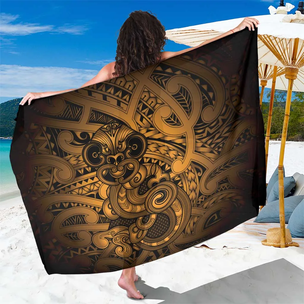 Black Gold Maori Hei Tiki Kowhaiwhai Puhoro Motif Print Sarong Polynesian Beach Wrap Wholesale Pareo - main view