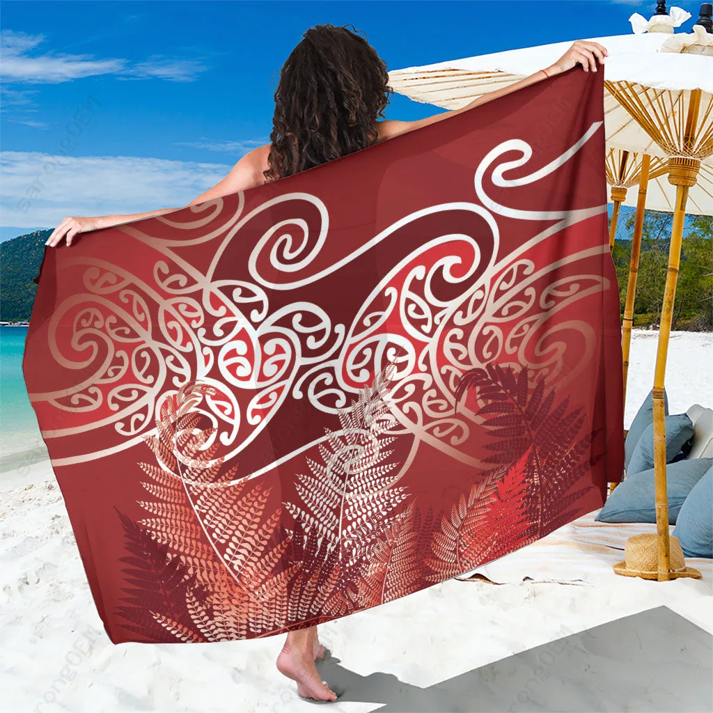 Crimson Red Maori Koru Curves Silver Ferns Tribal Print Sarong Beach Wrap Pareo for Resort Hotel Wholesale - main view