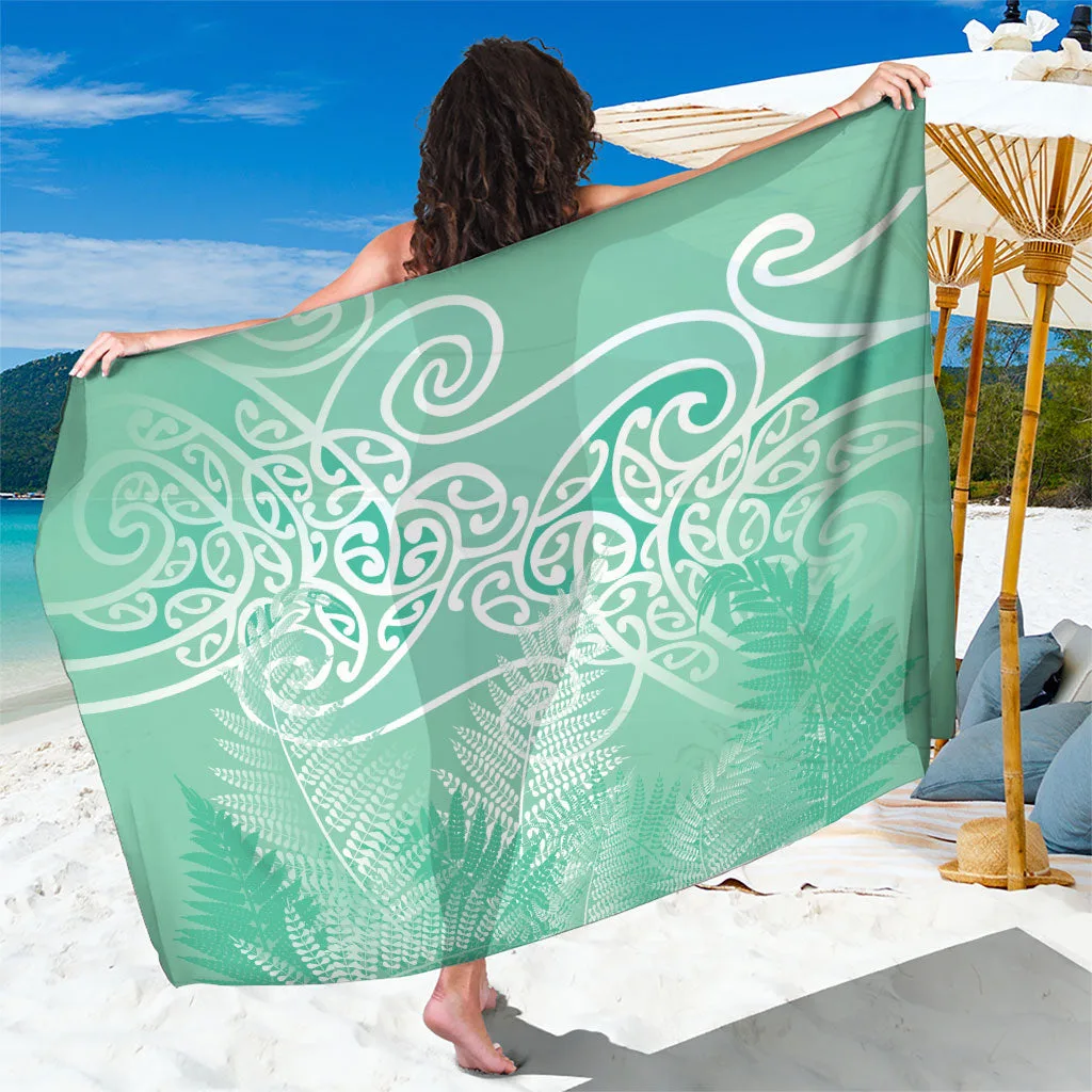 Aotearoa Maori Koru Curves Sarong Silver Ferns Mint - main view