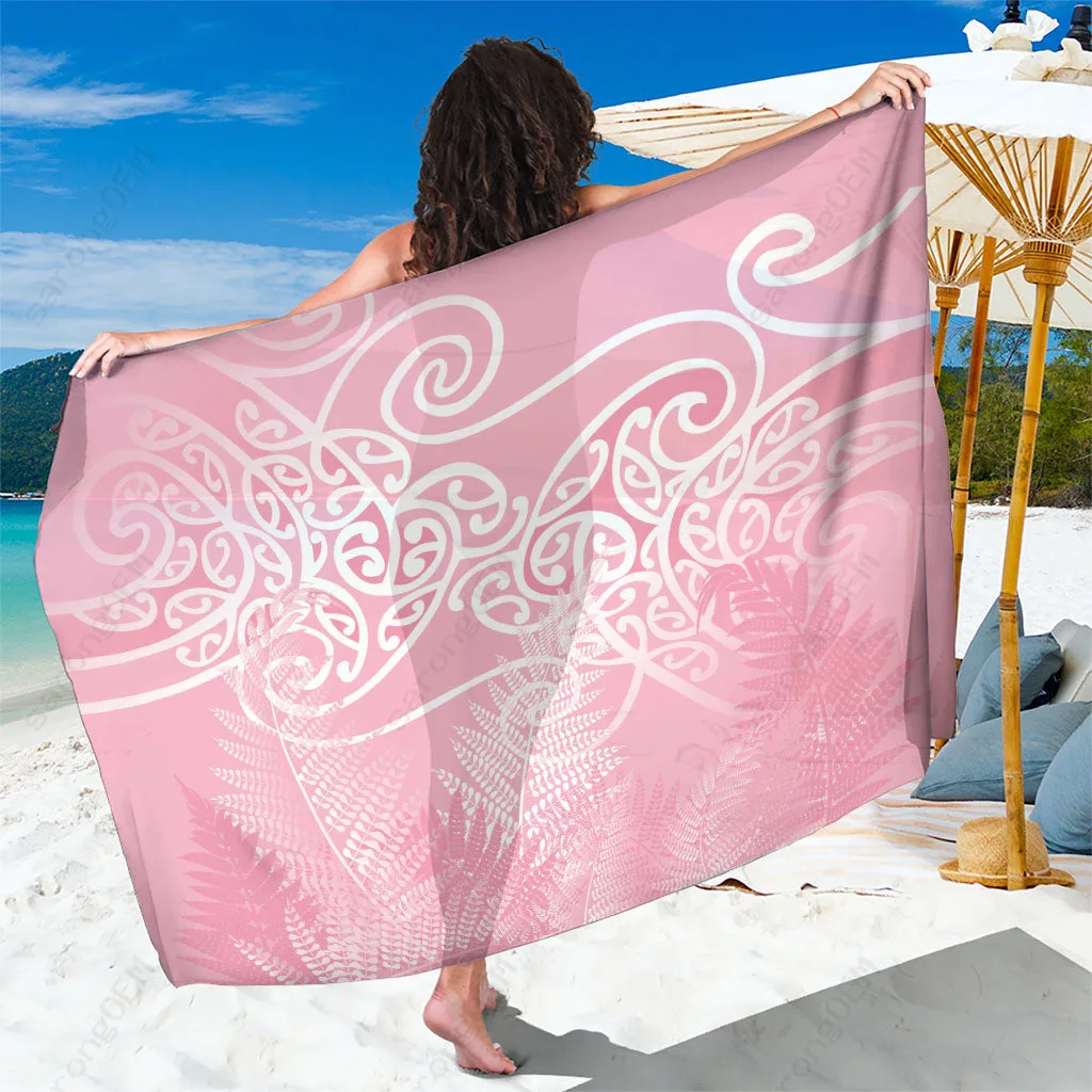 Rose Pink Maori Koru Curves Sarong Silver Ferns Print Polynesian Beach Wrap Wholesale Pareo - main view