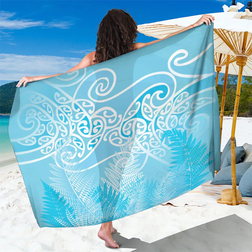 Silver Maori Koru Curves Silver Ferns Turquoise Print Sarong Polynesian South Pacific Beach Wrap Wholesale Pareo - main view