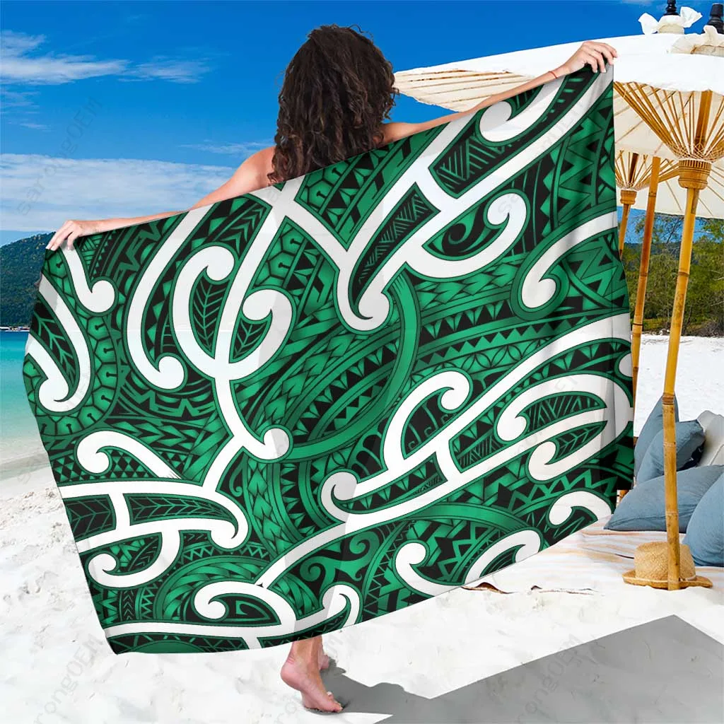 Green Maori Kowhaiwhai Kakariki Puhoro & Patiki Print Sarong Polynesian Tiki Beach Wrap for Resort Wholesale Pareo - main view