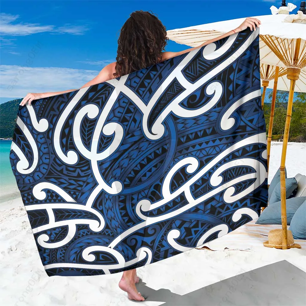 Blue Maori Kowhaiwhai Puhoro & Patiki Print Sarong Polynesian South Pacific Beach Wrap Wholesale Pareo - main view