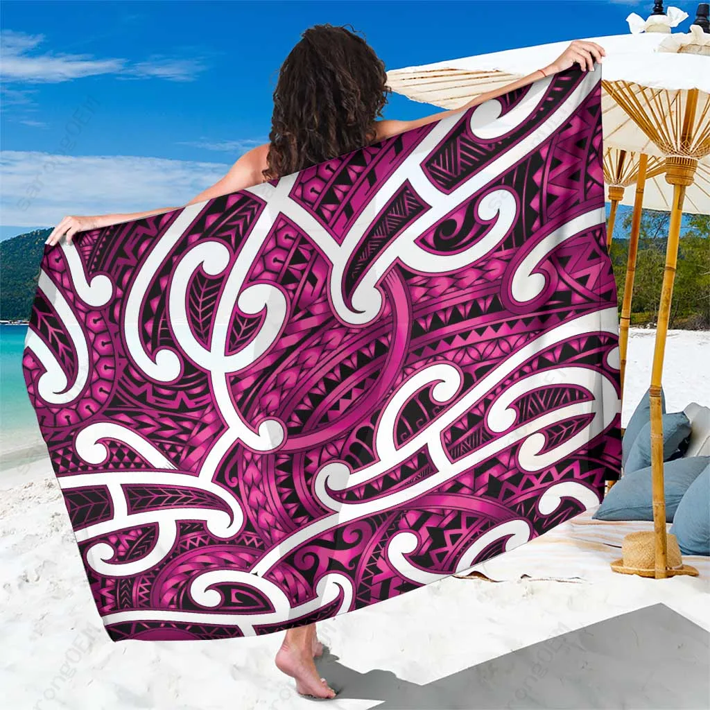 Pink Aotearoa Maori Kowhaiwhai Sarong with Puhoro & Patiki Motifs Polynesian Beach Wrap Resort Cover Up Wholesale Pareo - main view
