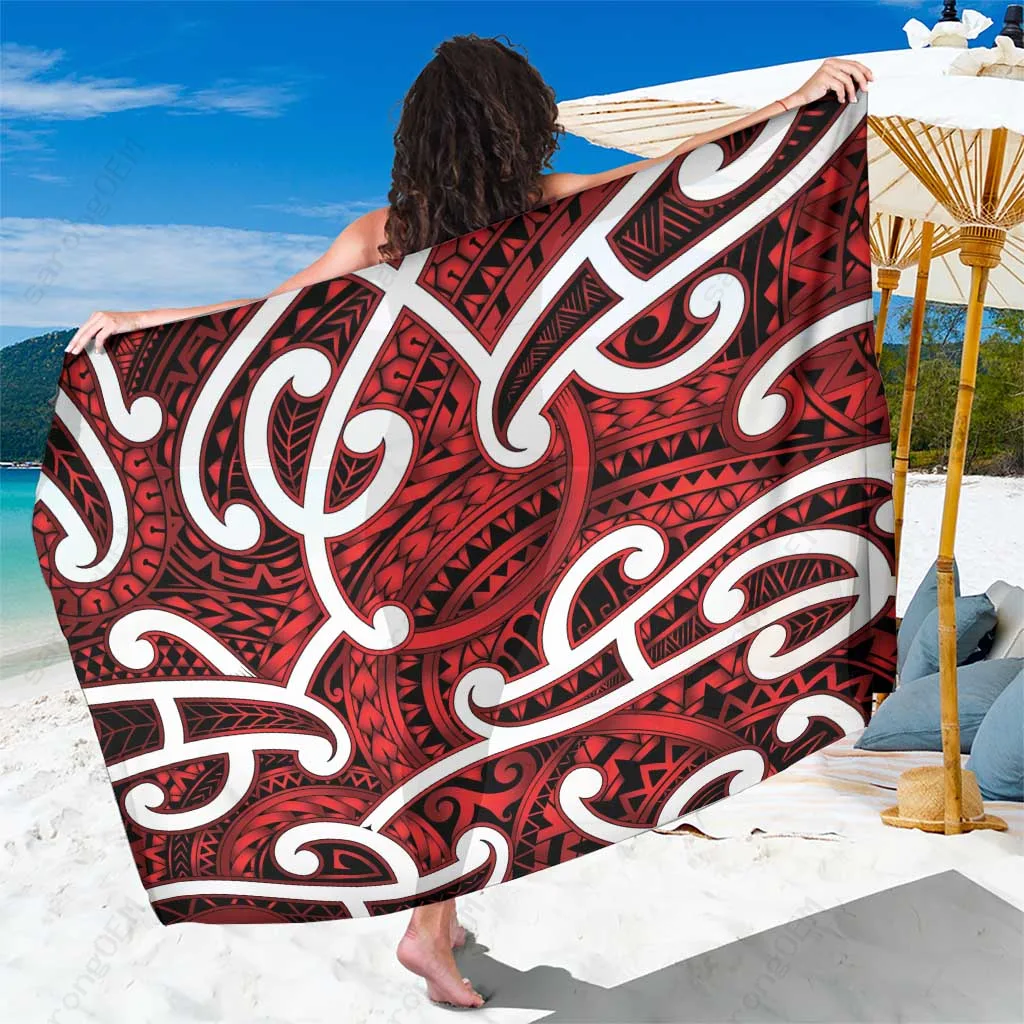 Red Kowhaiwhai Puhoro & Patiki Tribal Print Sarong Maori Polynesian Beach Wrap Cover Up Wholesale Pareo - main view