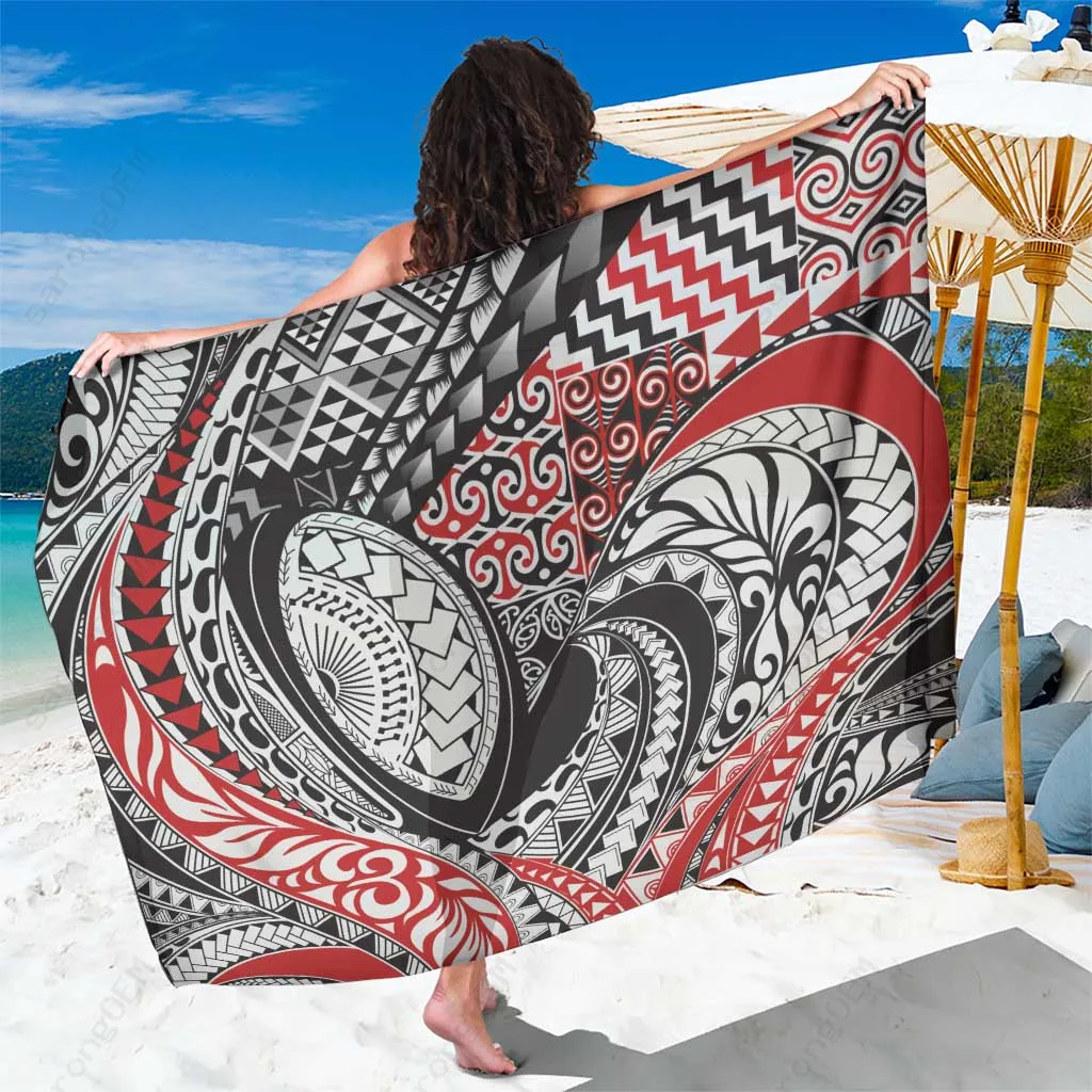 Black Maori Tribal Tattoo Kowhaiwhai Taniko Patchwork Motifs Print Sarong South Pacific Cultural Beach Wrap Wholesale Pareo - main view