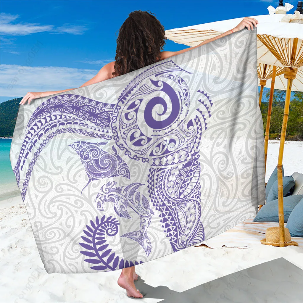 Purple Maori Sea Animals Tribal Sarong Manta Ray Shark Moko Pattern Beach Wrap Polynesian Resort Cover Up Wholesale Pareo - main view