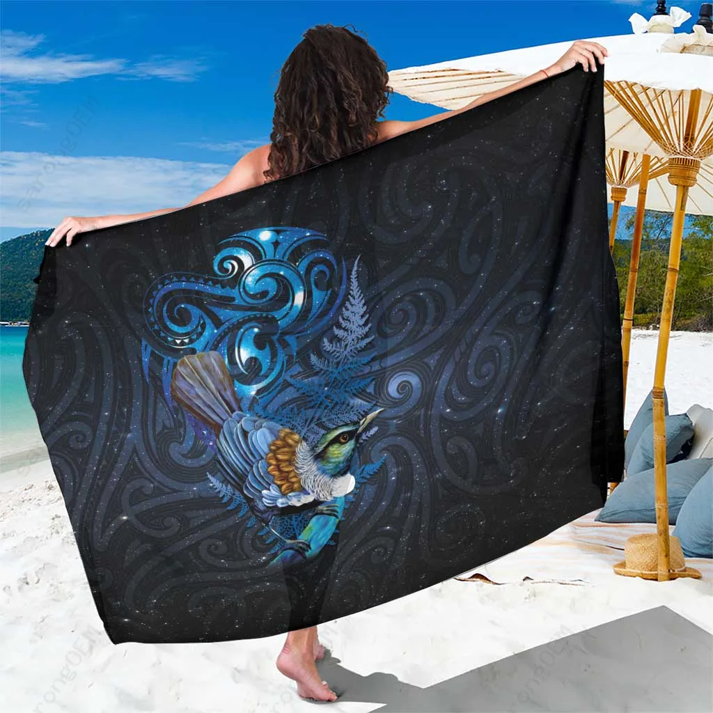 Silver Maori Tribal Sarong with Tui Bird & Silver Fern Print Polynesian Beach Wrap Wholesale Pareo
