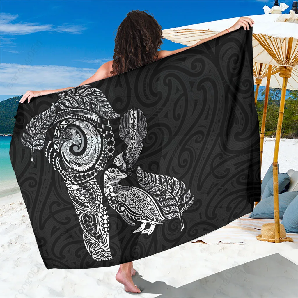 Black Tribal Tattoo Maori Penguin Fantail Print Sarong Beach Wrap Polynesian Island Cover Up Wholesale Pareo - main view