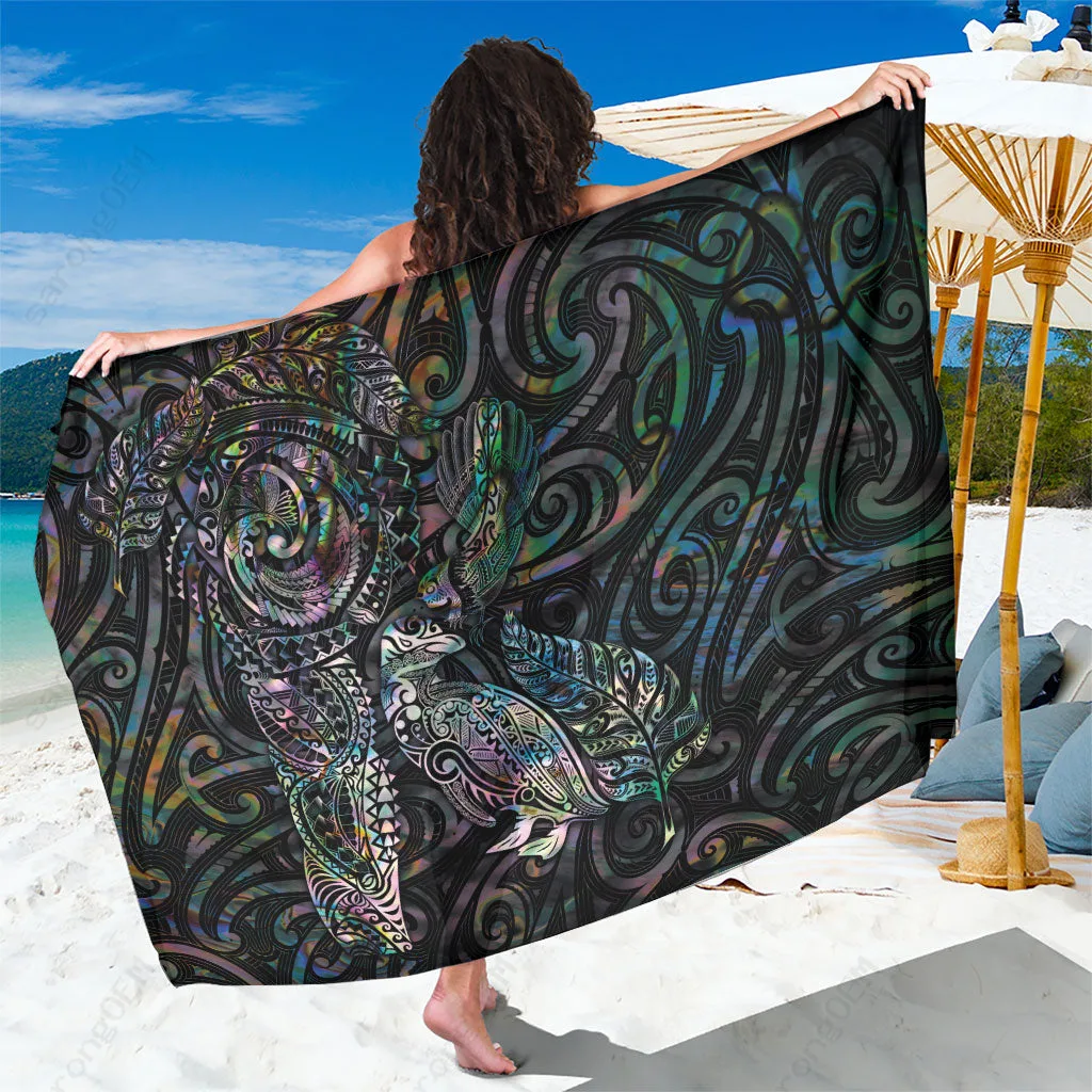 Black Tribal Tattoo Shell Print Sarong Polynesian Beach Wrap Cover Up for Resort Hotel Wholesale Pareo - main view