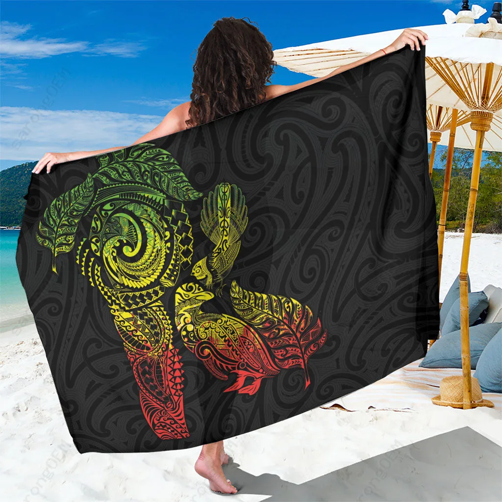 Black Tribal Tattoo Sarong Maori Penguin & Fantail Print Beach Wrap New Zealand Style Pareo Wholesale - main view