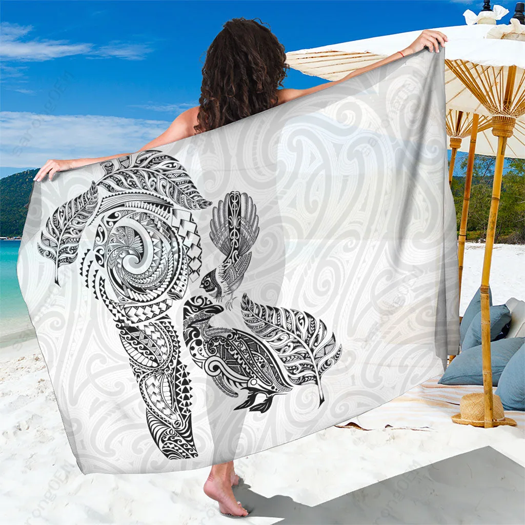 White Maori Tribal Tattoo Sarong with Penguin & Fantail Print, Aotearoa Polynesian Beach Wrap for Resort Wear, Wholesale Pareo Cover Up - main view