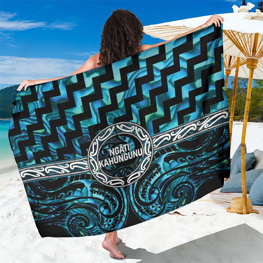 Black Maori Iwi Poutama Puhoro Tattoo Print Sarong Polynesian Tribal Beach Wrap Wholesale Pareo - main view