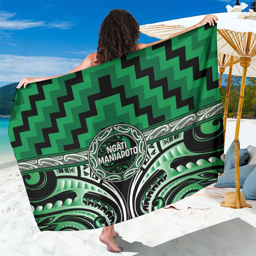 Black Maori Iwi Poutama Puhoro Tattoo Print Sarong Polynesian Beach Wrap Resort Cover Up Wholesale Pareo - main view