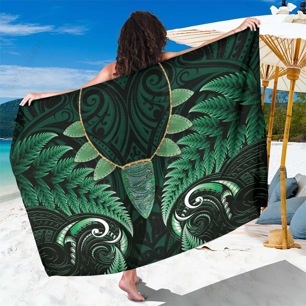 Green Silver Fern Maori Niho Pounamu Print Sarong Polynesian Beach Wrap Wholesale Pareo - main view