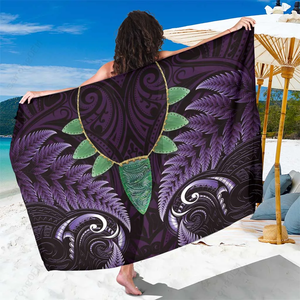 Purple Silver Fern Maori Niho Pounamu Tribal Print Sarong Polynesian Beach Wrap Wholesale Pareo - main view