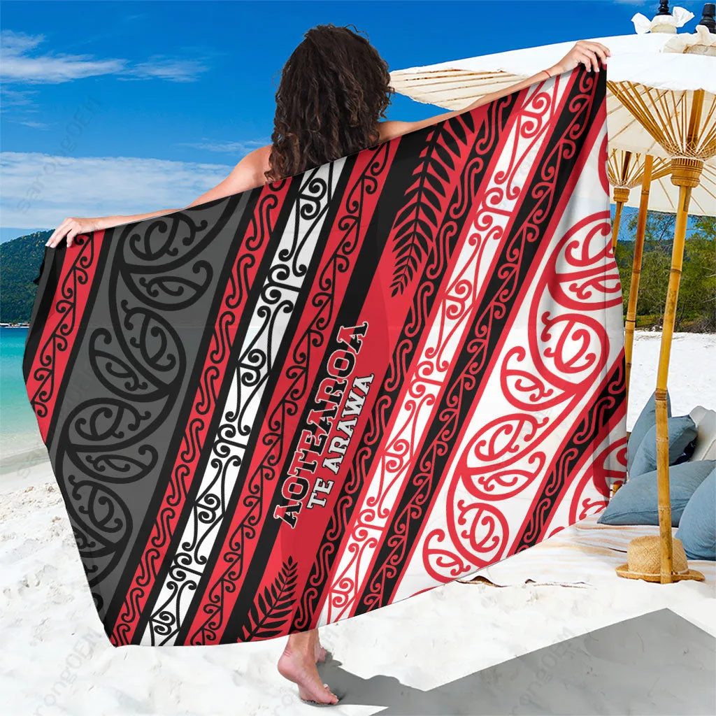 Black Maori Tribal Fern Pattern Sarong New Zealand Polynesian Beach Wrap Wholesale Pareo - main view