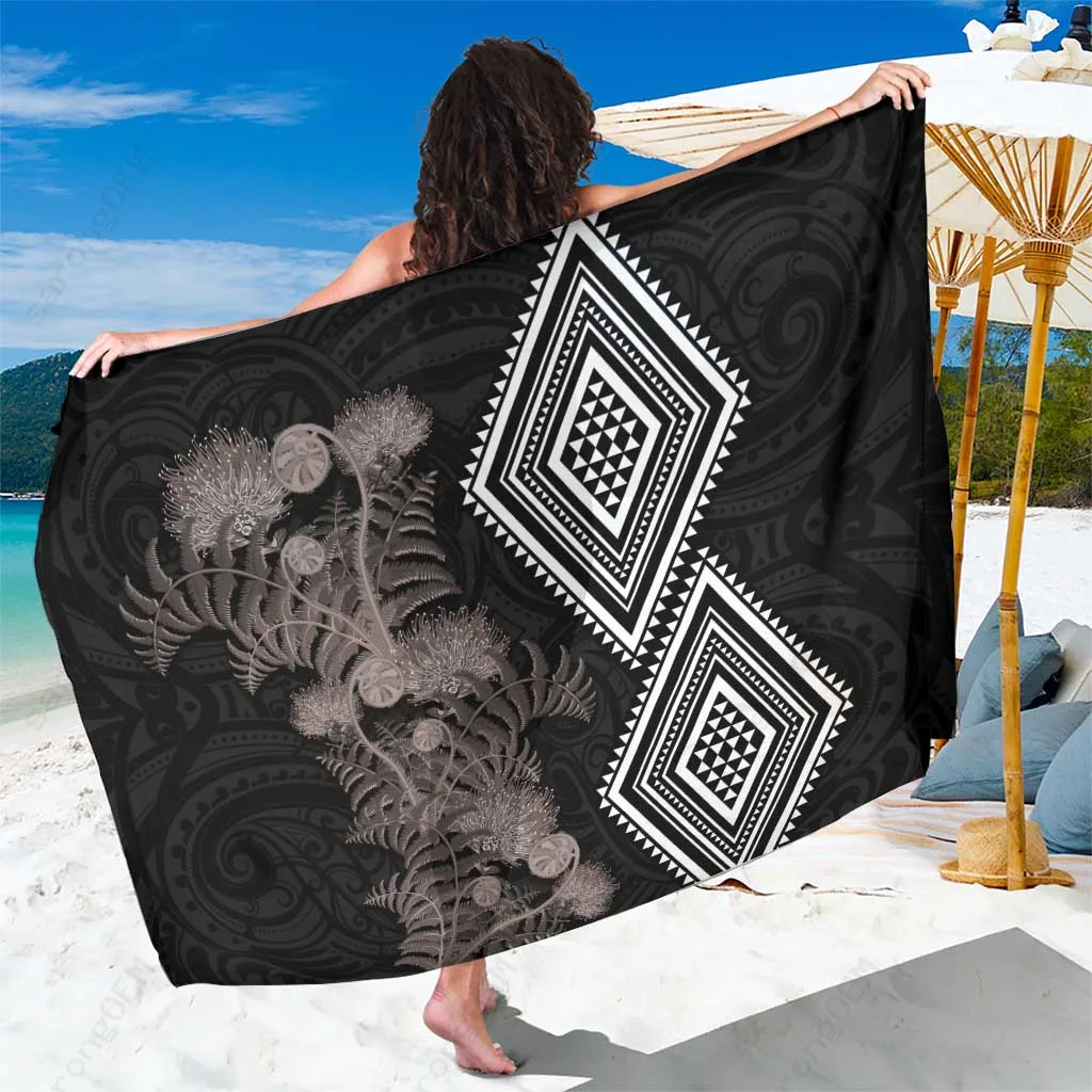 Gray Pohutukawa Fern Leaves Tukutuku Motif Print Sarong Polynesian Style Beach Wrap Wholesale Pareo - main view