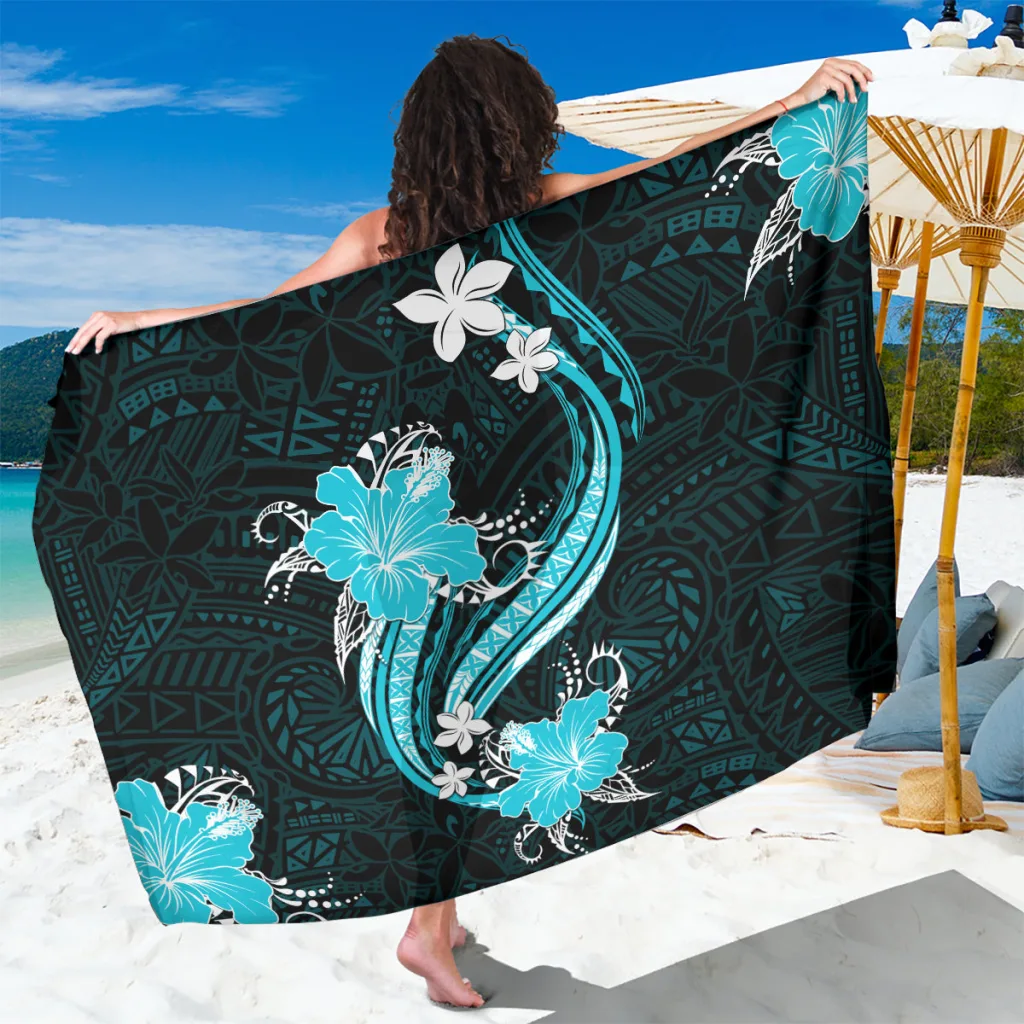 Aqua Polynesian Tropical Flowers Hibiscus Print Sarong Beach Wrap Wholesale Pareo - main view
