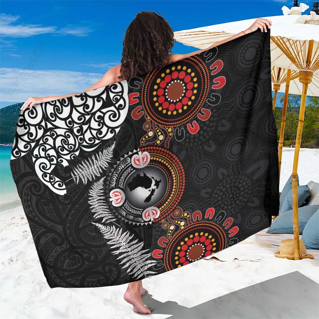 Black Aboriginal Maori Tattoo Sarong with Turtle & Hibiscus Print Polynesian Beach Wrap Wholesale Lavalava - main view