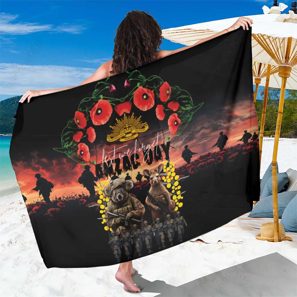 Yellow Australia Anzac Day Sarong with Kangaroo & Koala Soldier Print South Pacific Beach Wrap Wholesale Pareo - main view