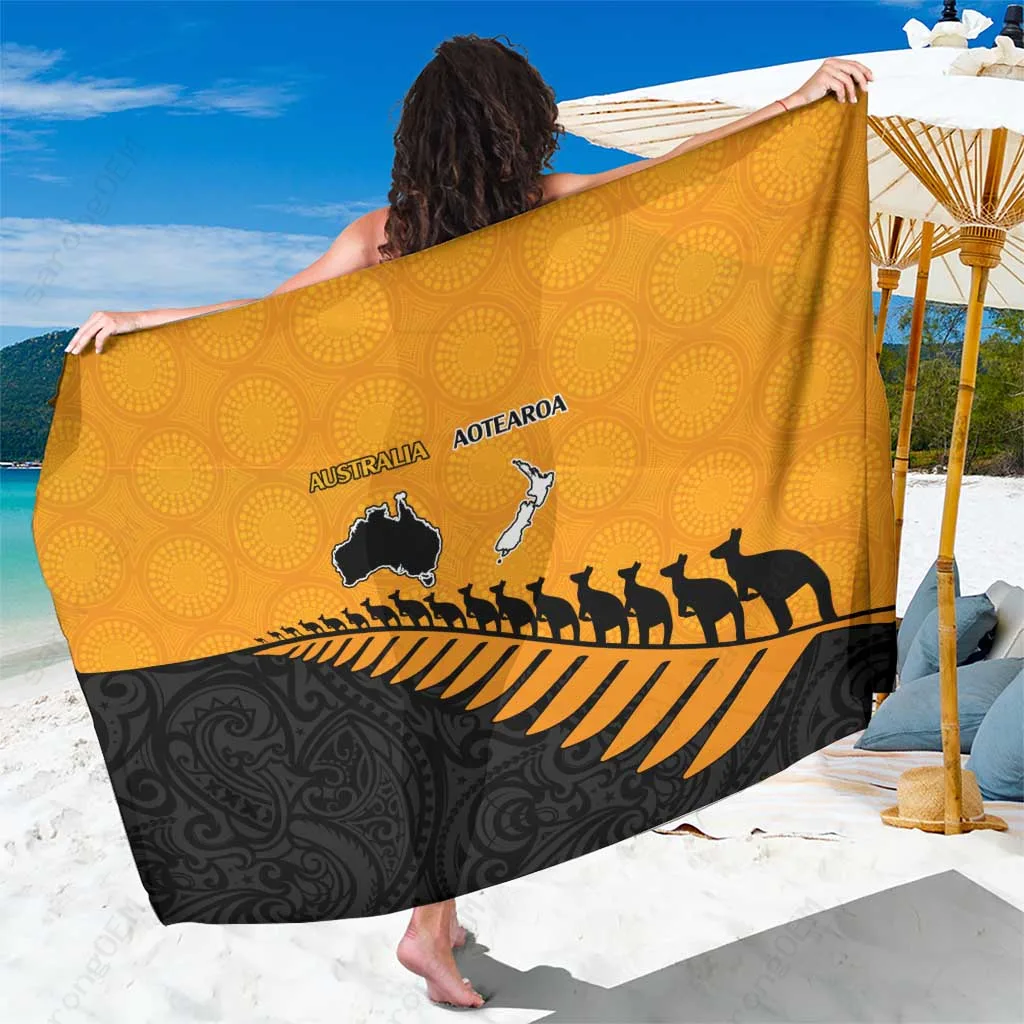 Black Gold Aboriginal Wallabies Maori Tribal Print Sarong South Pacific Island Beach Wrap Wholesale Pareo - main view