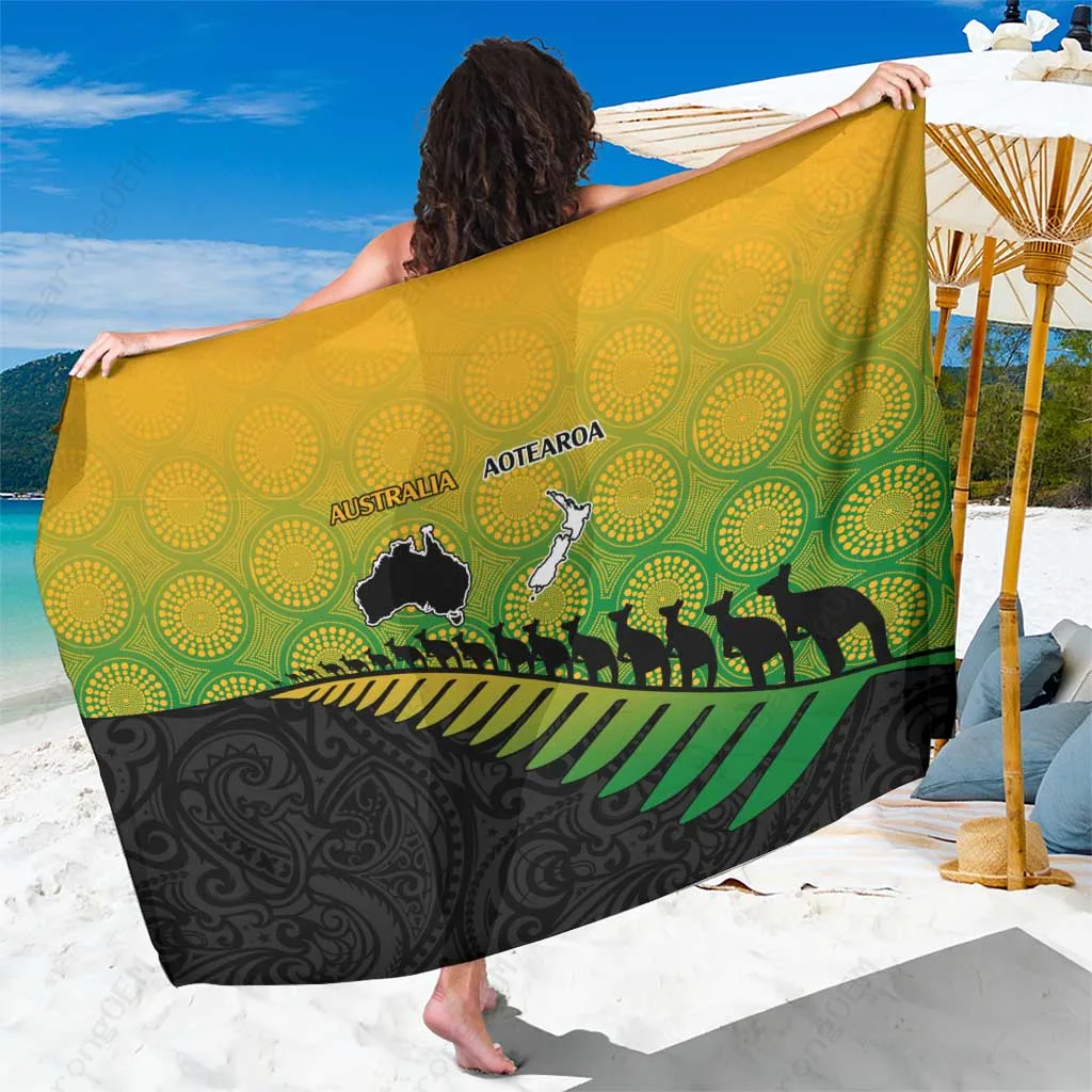 Black Gradient Aboriginal Wallabies Maori Black Fern Sarong South Pacific Beach Wrap Wholesale Pareo - main view