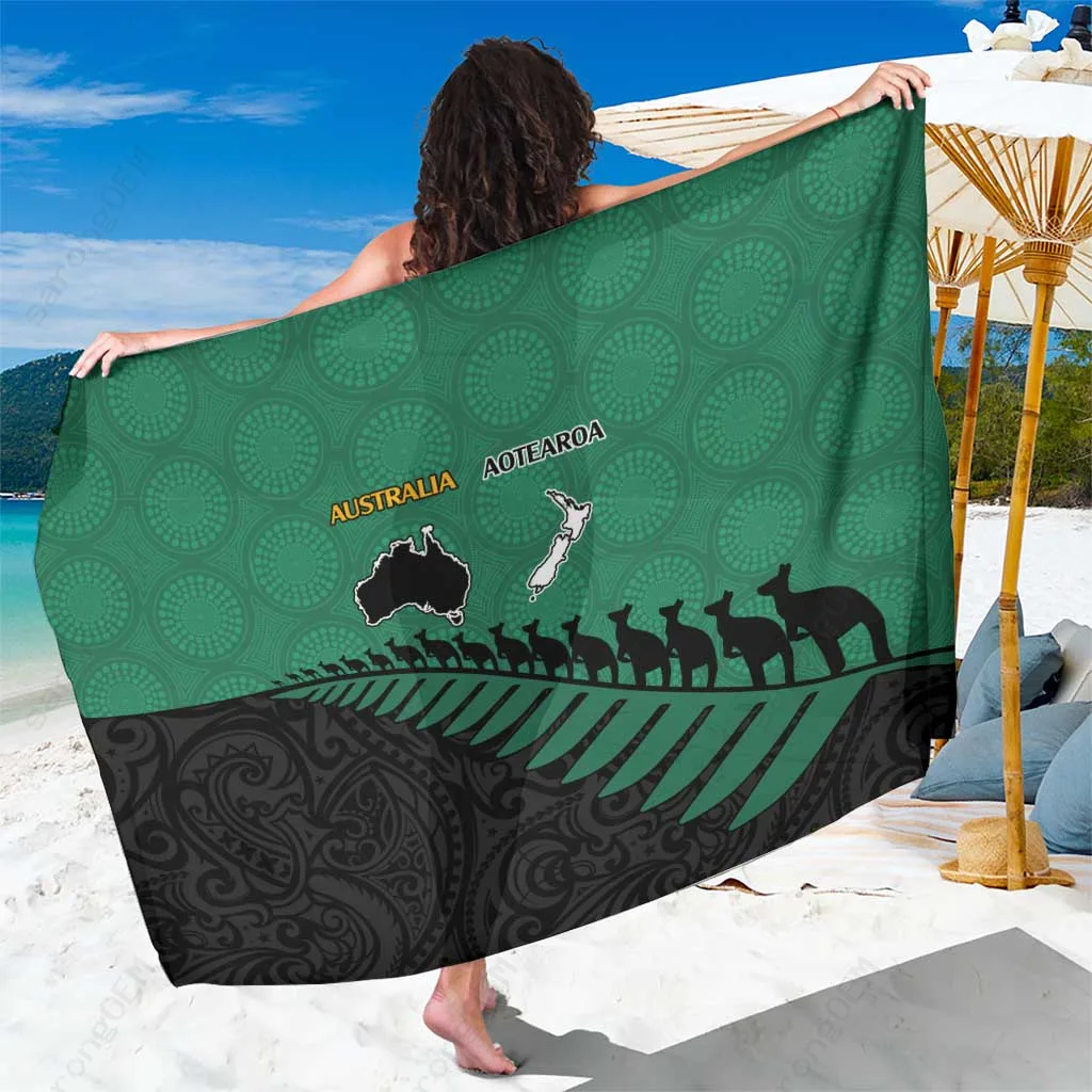Green Australia New Zealand Rugby Sarong Aboriginal Wallabies & Maori Black Fern Print Beach Wrap Pareo Wholesale