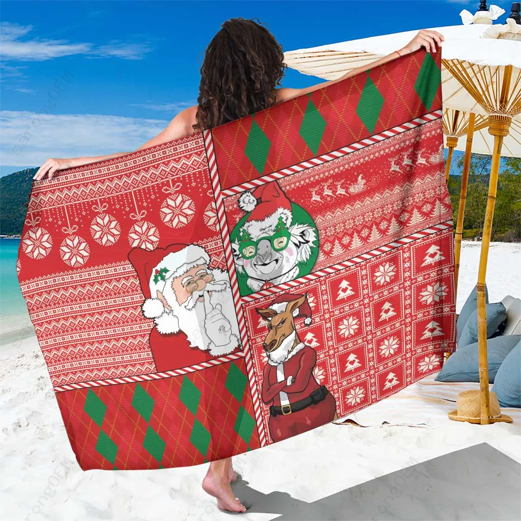 Red Green Australian Christmas Sarong Santa Koala Kangaroo Holiday Print Beach Wrap Pareo Wholesale - main view