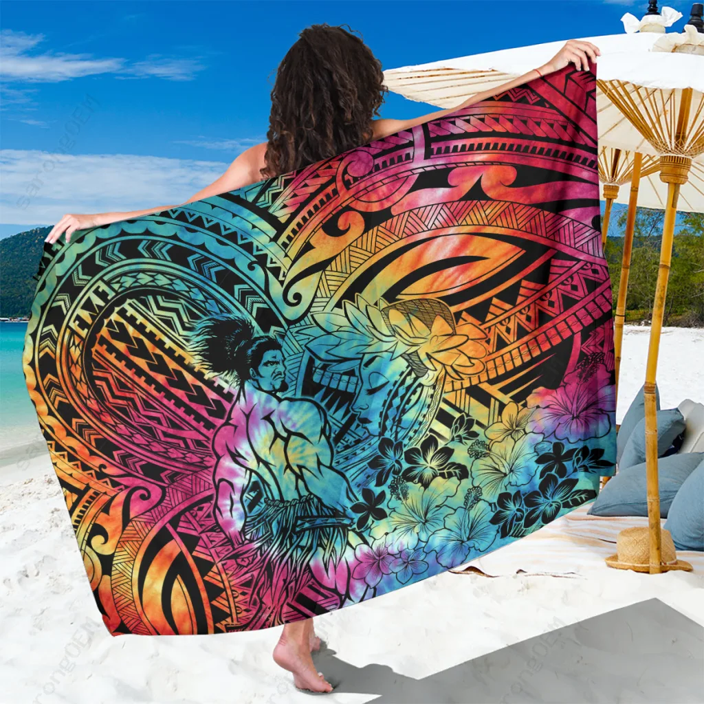 Rainbow Hibiscus Polynesian Tribal Print Sarong Beach Wrap Resort Cover Up Wholesale Pareo - main view