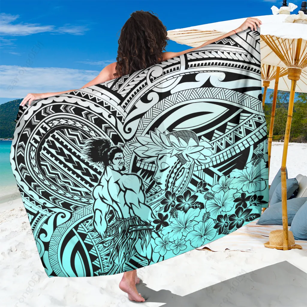 Turquoise Polynesian Hibiscus Floral Sarong Beach Wrap Wholesale Pareo for Resort Wear - related