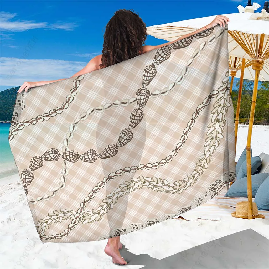 Beige Shell Lei Hawaiian Tribal Print Sarong Polynesian Beach Wrap Cover Up Wholesale Pareo - main view