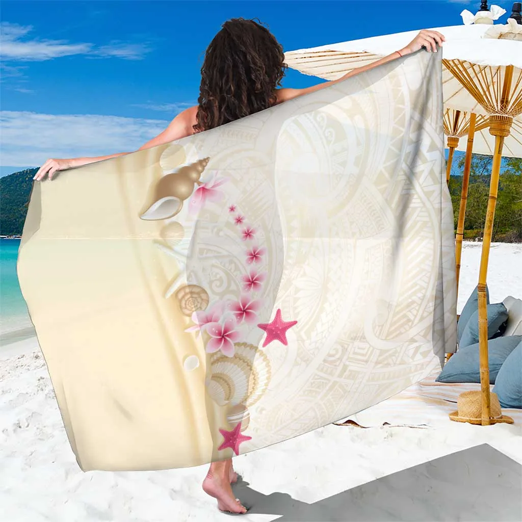 Beige Frangipani Seashell Starfish Polynesian Print Sarong Beach Wrap Skirt Wholesale Pareo - main view