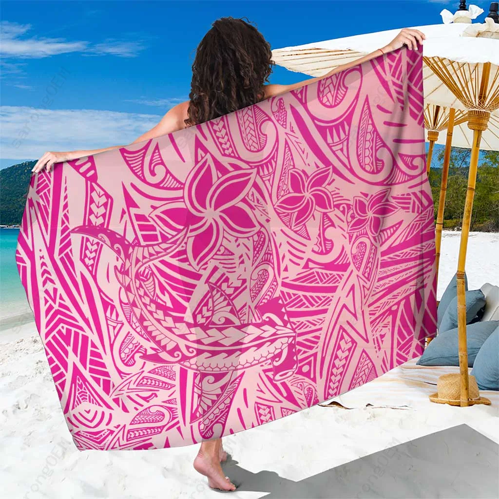 Beige Gradient Hawaiian Tribal Hammerhead Shark Tattoo Print Sarong Polynesia Beach Wrap Wholesale Pareo - main view